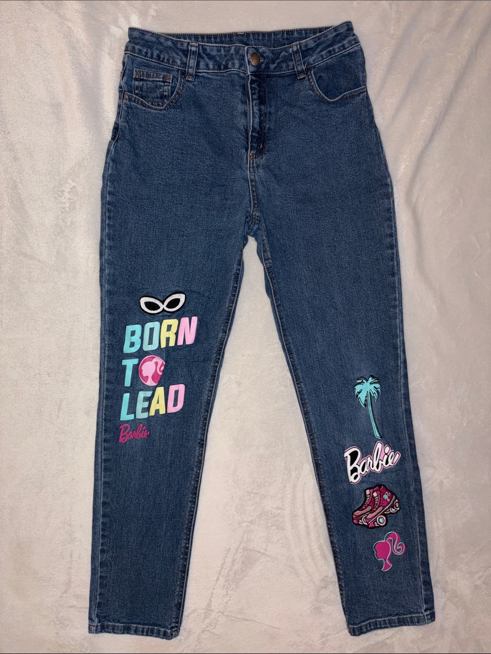 SZ 16 Barbie Blue Stretchy High-Rise Jeans with Colorful Graphics & Patches